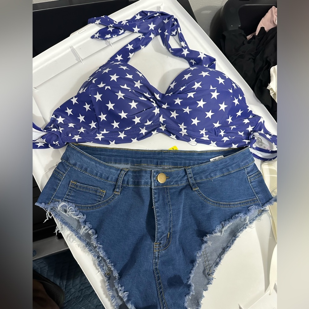 Women's Sexy High Waisted Stretch Denim Shorts + Americana Swim Top‎ Clubwear XL